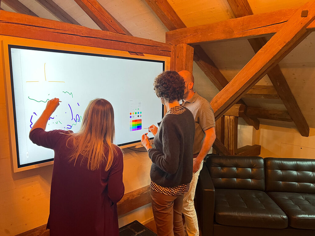 Team bei einer interaktiven Teamentwicklungssitzung mit digitalem Whiteboard.